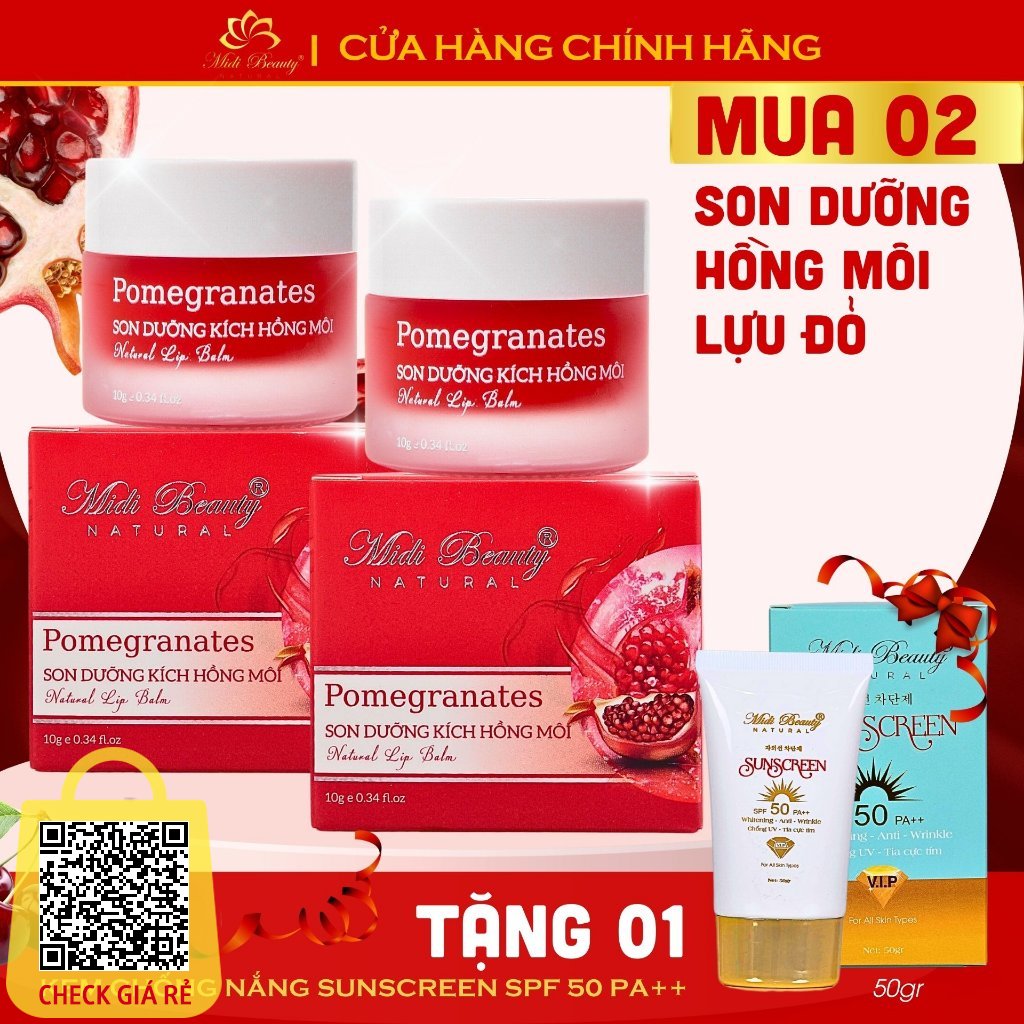 02 Son Dưỡng Hồng Môi Lựu Đỏ 10G Midi Beauty Natural [Tặng 01 Kem Chống Nắng SUNSCREEN SPF 50PA++ 50GR]