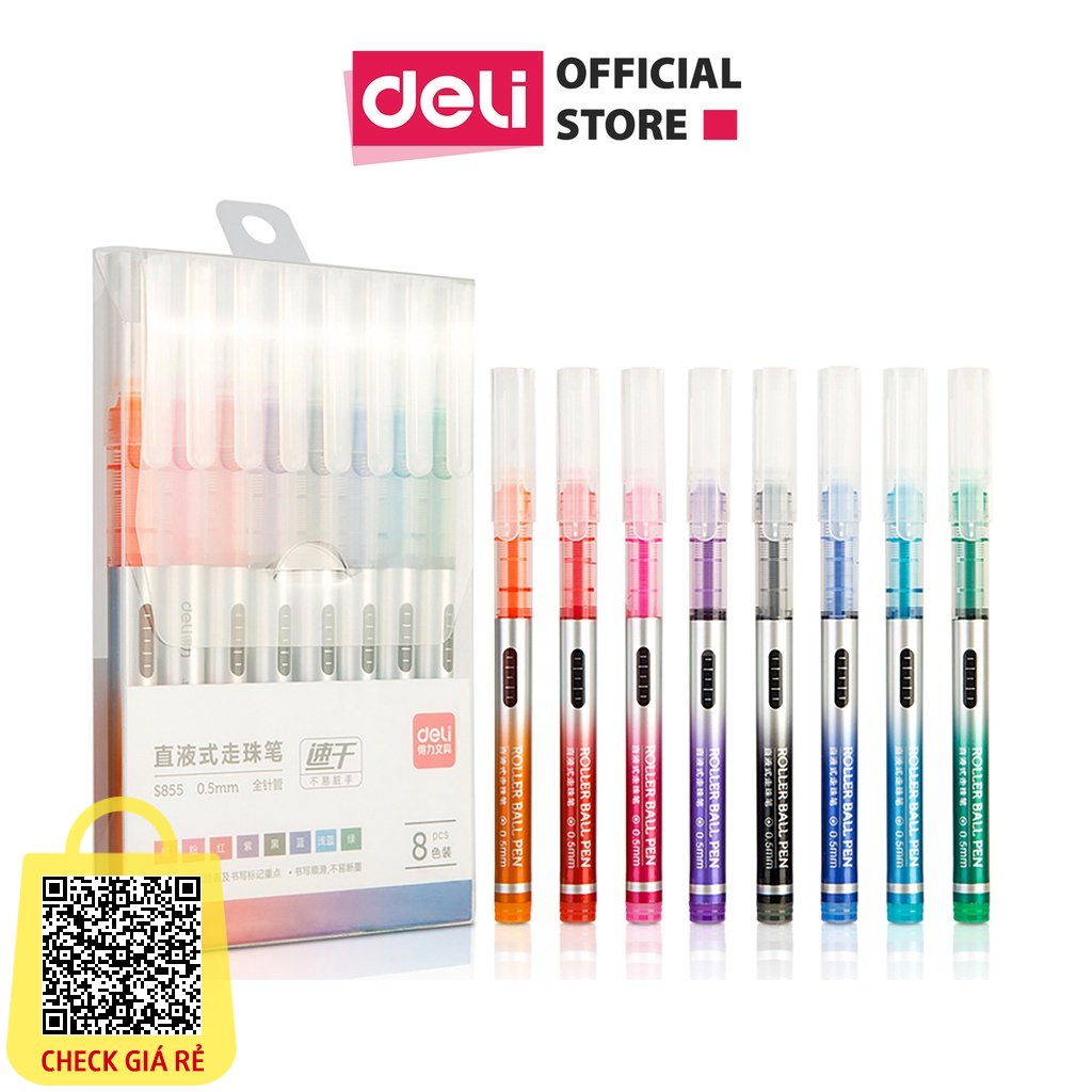 Bộ 8 bút gel nhiều màu Deli ngòi 0.5mm trơn tru lâu hết mực dùng để viết Caligraphy liner đi nét bullet jourrnal S855
