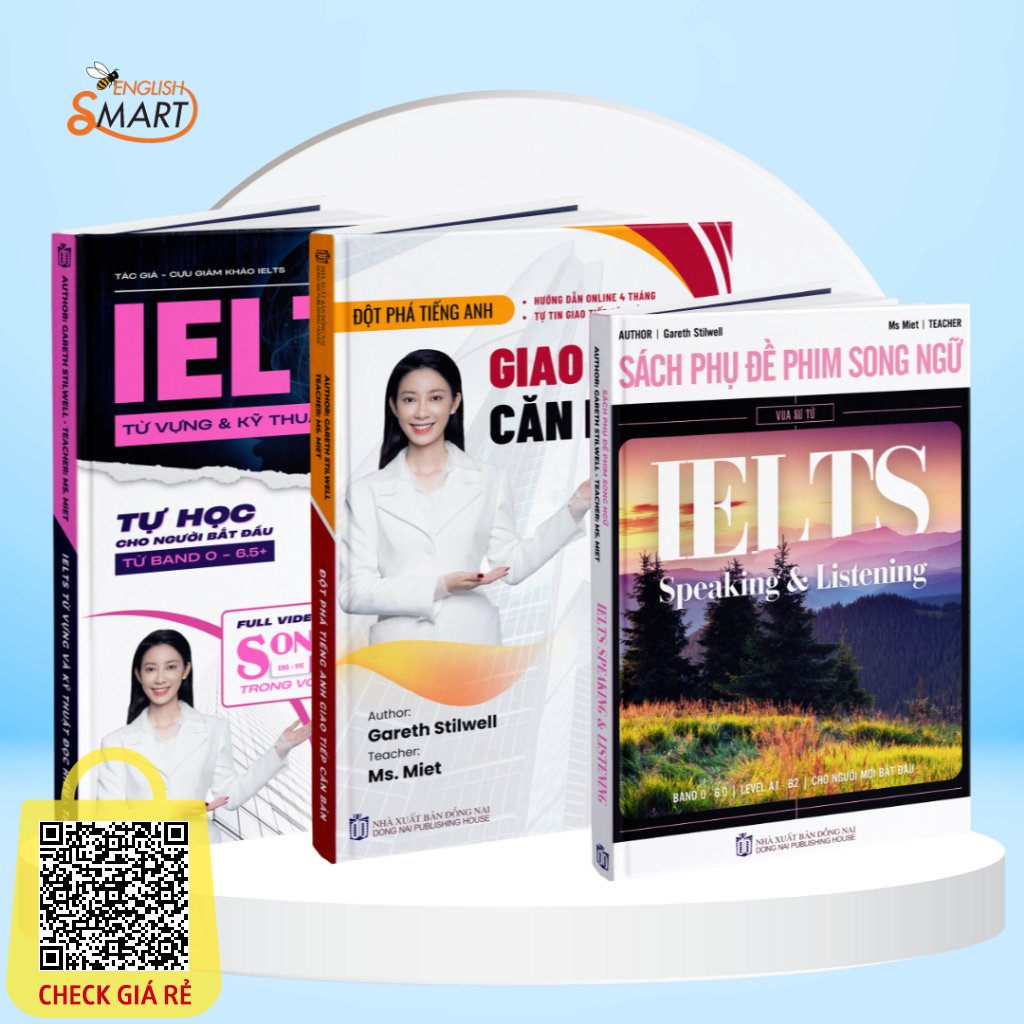 Combo 3 Cuon Sach Tieng Anh: IELTS Tu Vung Va Ky Thuat Doc Giao Tiep Can Ban Sach Phim Song Ngu IELTS Smart English