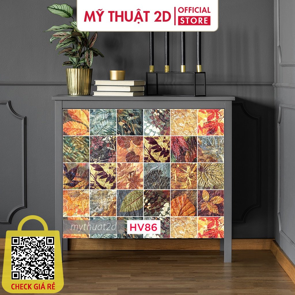 Decal gạch bông minh họa lá mùa thu trang trí dán tường_HV86