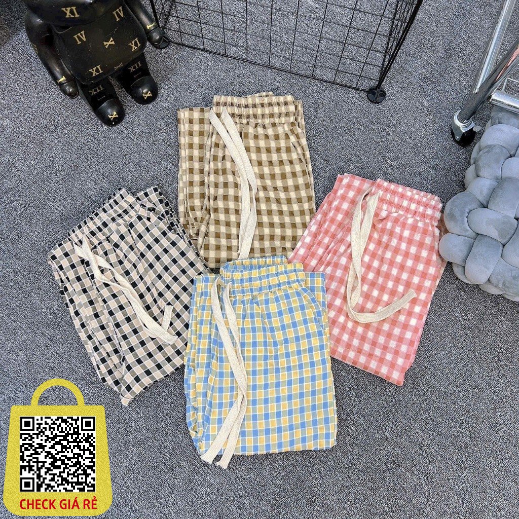 Quần Kẻ Caro Ống Rộng Nữ Cạp Chun Lưng Cao Có Dây Rút MA684