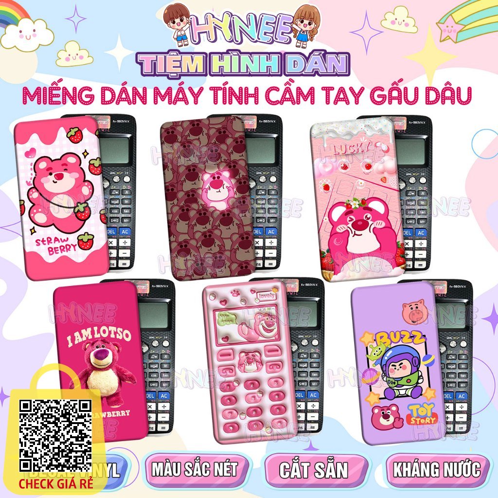 Skin Gấu Dâu Dán Máy Tính Casio 580 - Vinacal - Flexio, Miếng Dán Máy Tính 580 Gấu Lotso - Sticker Lotso