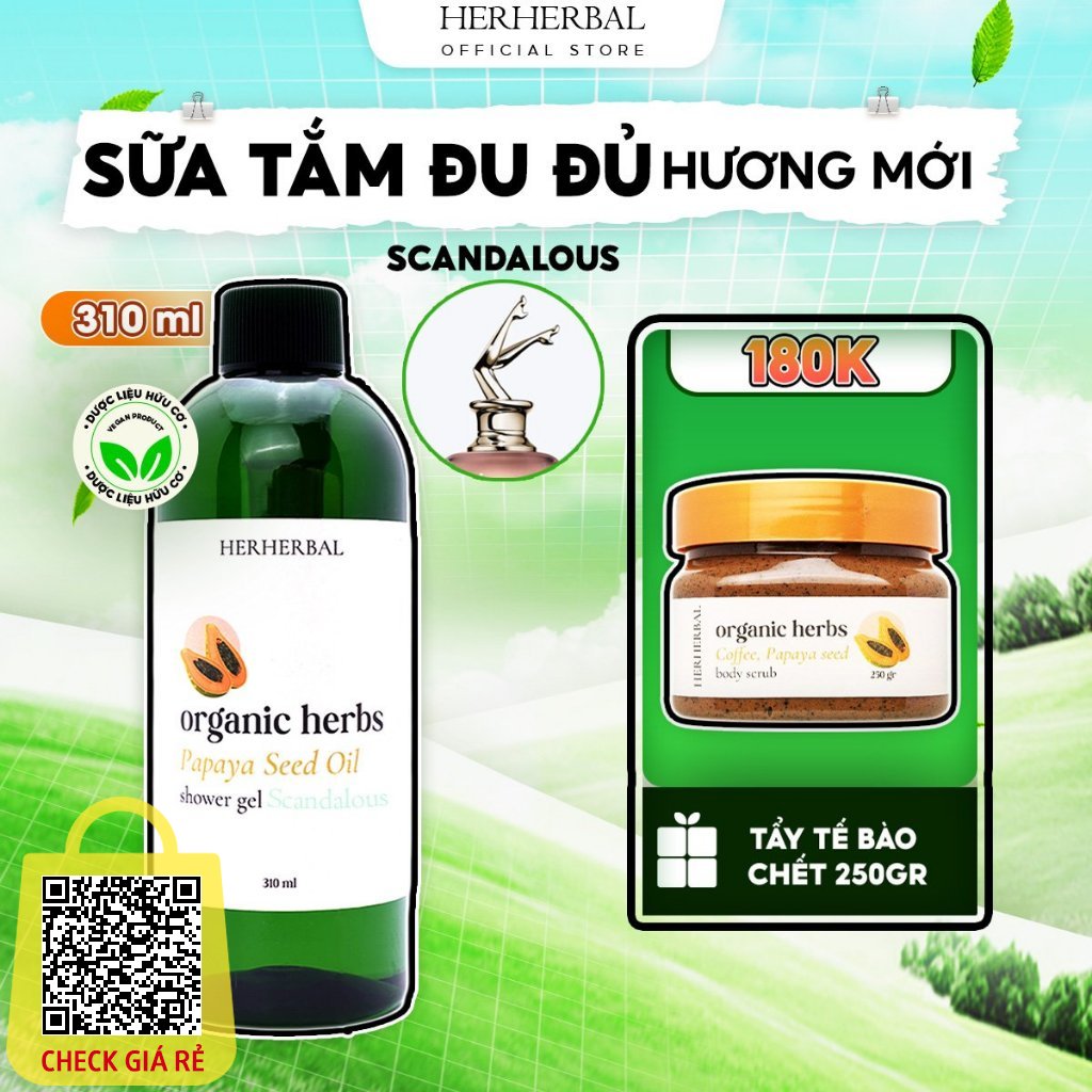 Sữa Tắm Dược Liệu Giảm Mụn Dưỡng Ẩm Herherbal Chiết Xuất hạt đu đủ Thảo Dược hữu cơ 310ml