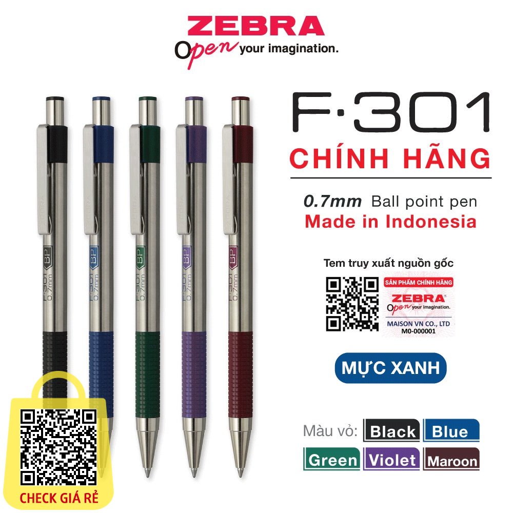Viết bi bấm kim loại F301 0.7mm Zebra Nhật mực xanh